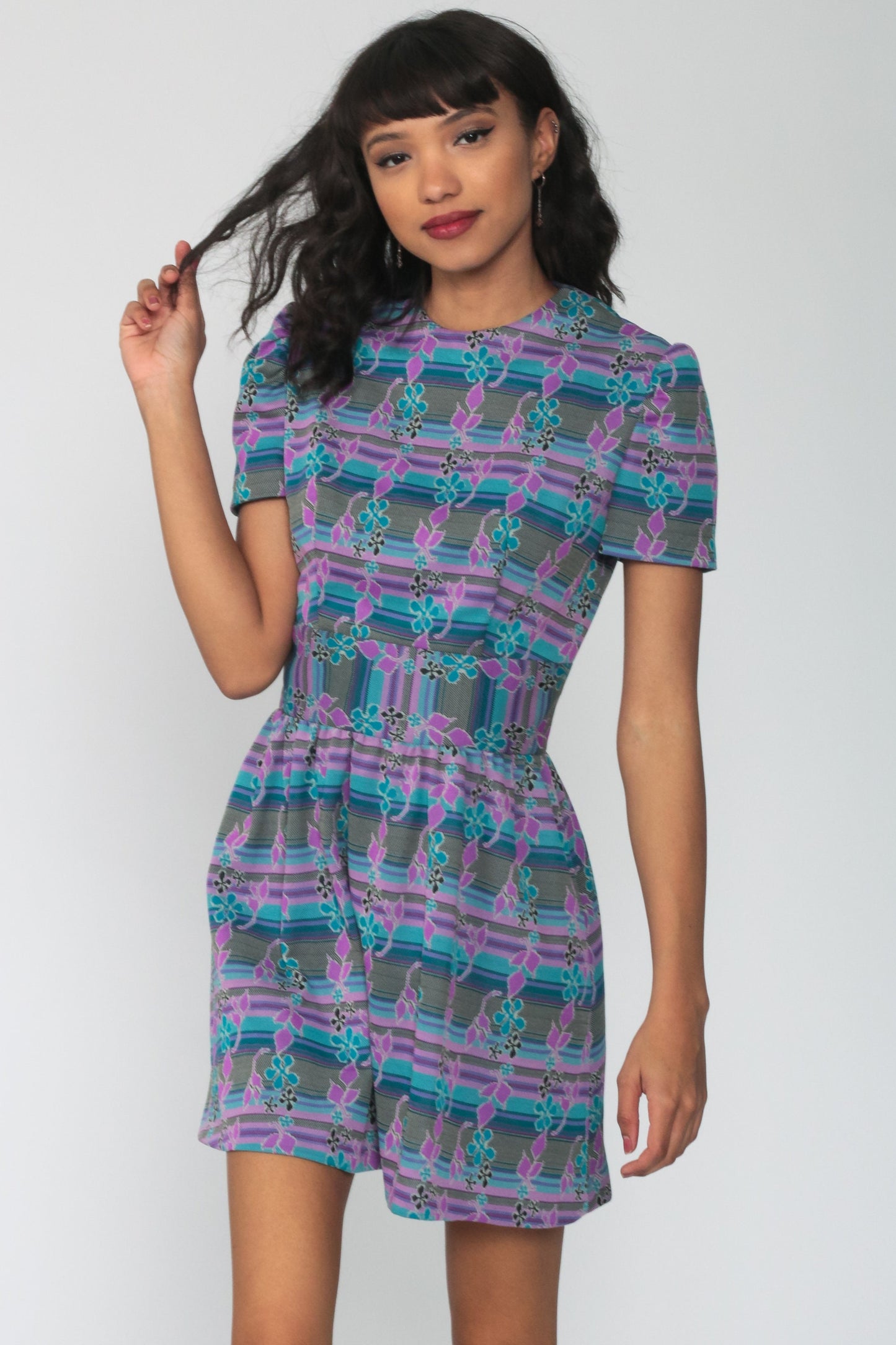 70s Floral Mini Dress Purple Blue Puff Sleeve High Waist Small