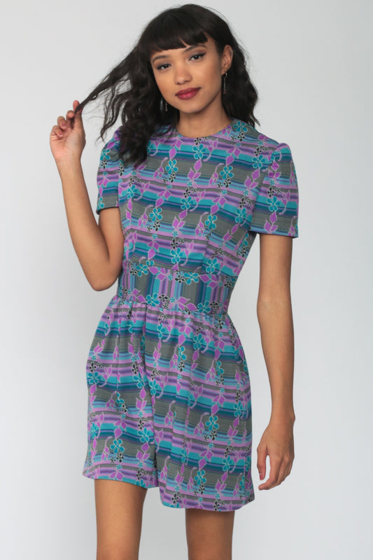 70s Floral Mini Dress Purple Blue Puff Sleeve High Waist Small