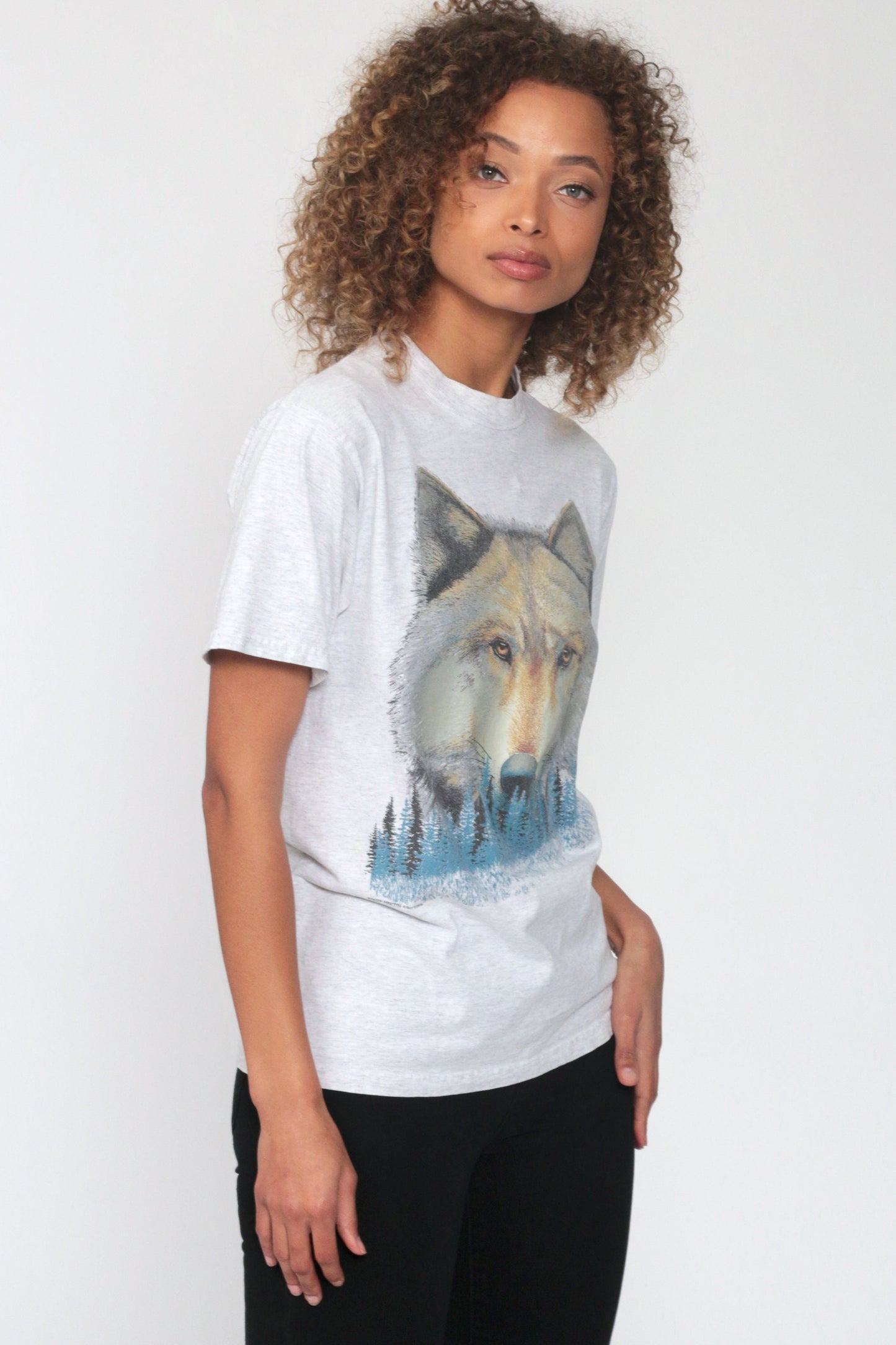 90s Wolf Print T-Shirt Distressed Graphic Tee Cotton Single Stitch Extra Small