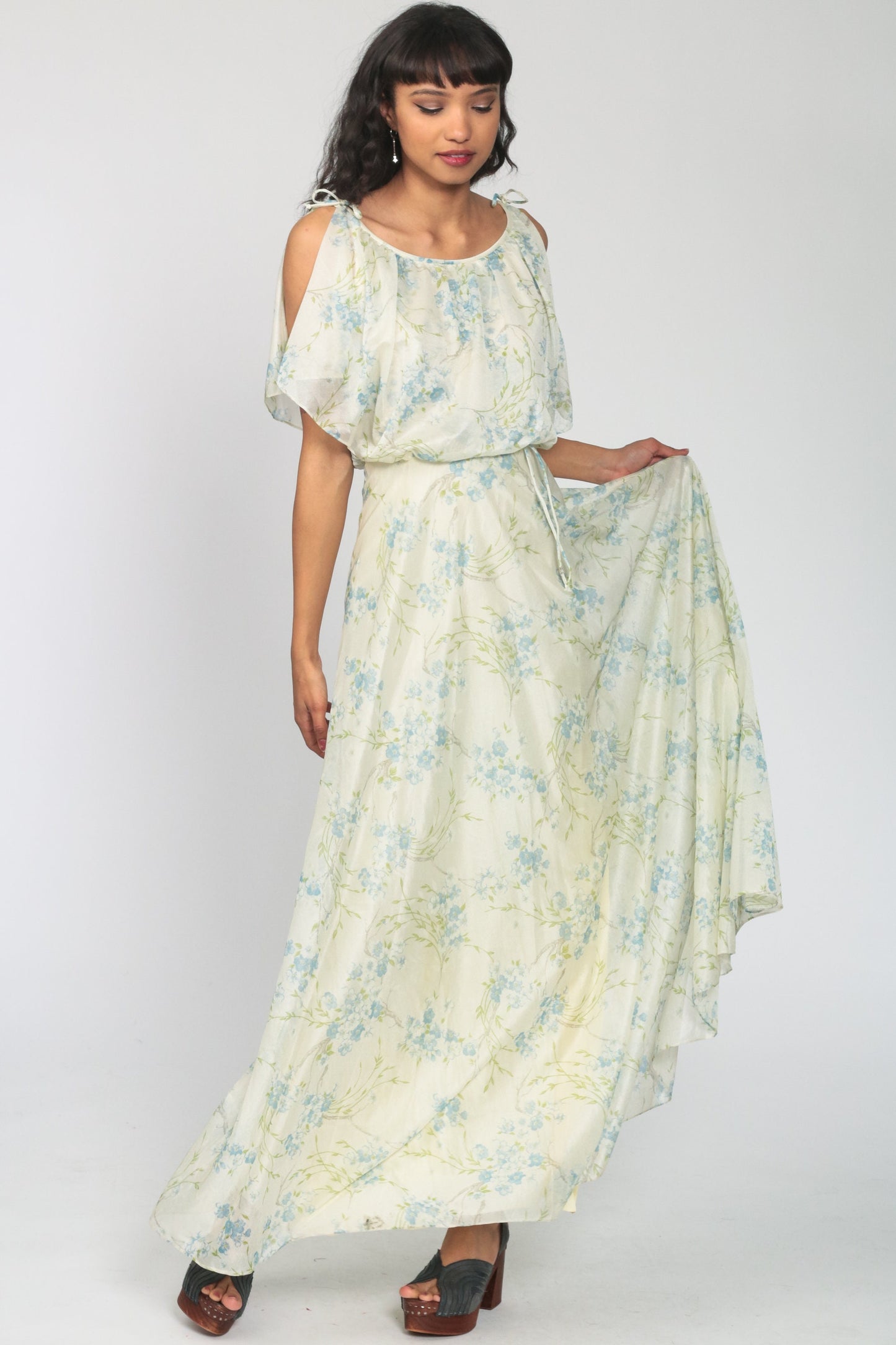 70s Cream Floral Maxi Dress Blouson Bodice Split Sleeves Extra Small