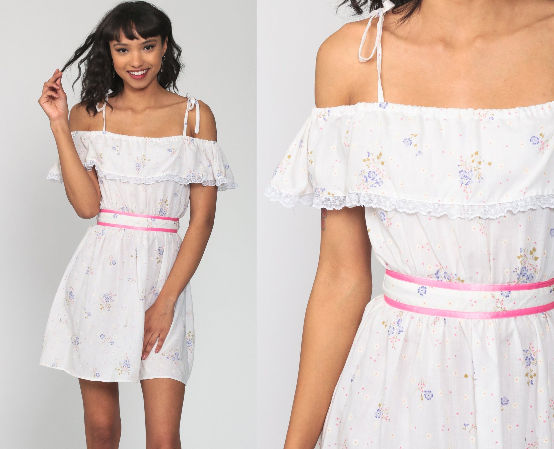 70s Floral Off-Shoulder Peasant Dress Mini Off-White Pink Trim Extra Small