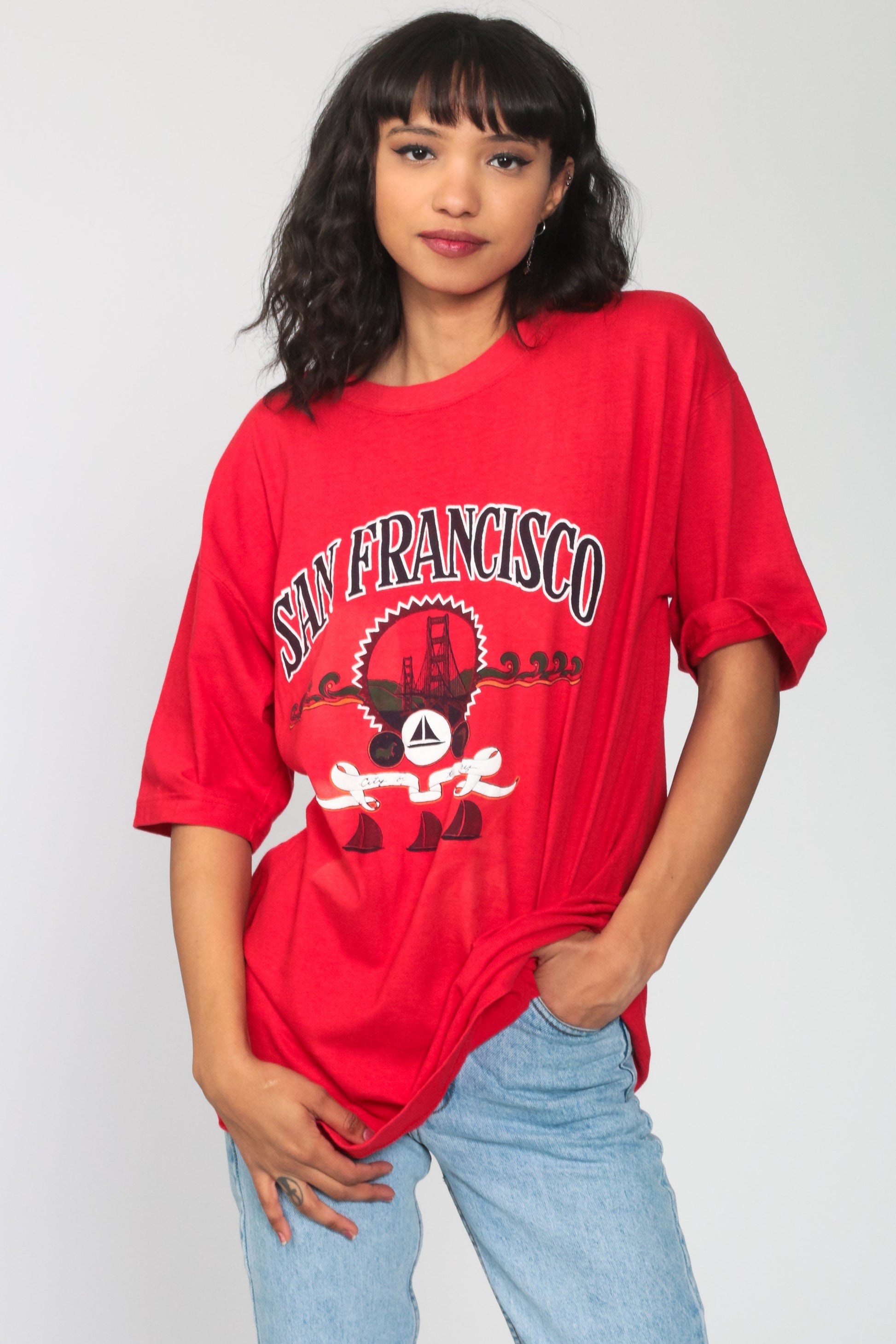 90s San Francisco Golden Gate Bridge Graphic Tee Red Sailboat Cotton Large