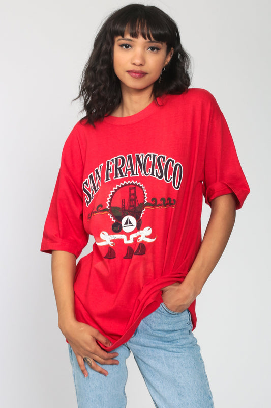 90s San Francisco Golden Gate Bridge Graphic Tee Red Sailboat Cotton Large