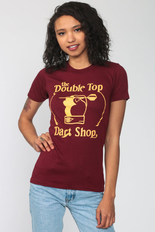 80s Dart Shop Graphic T-Shirt Burgundy Yellow Single Stitch Extra Small