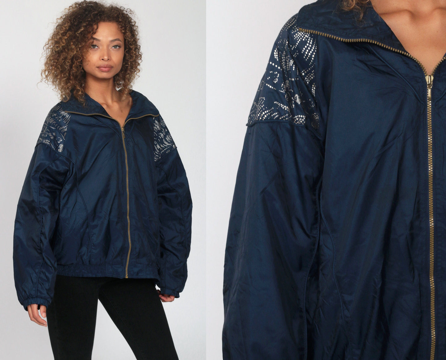 90s Shiny Blue Nylon Windbreaker Jacket Metallic Trim Plus Size XXL