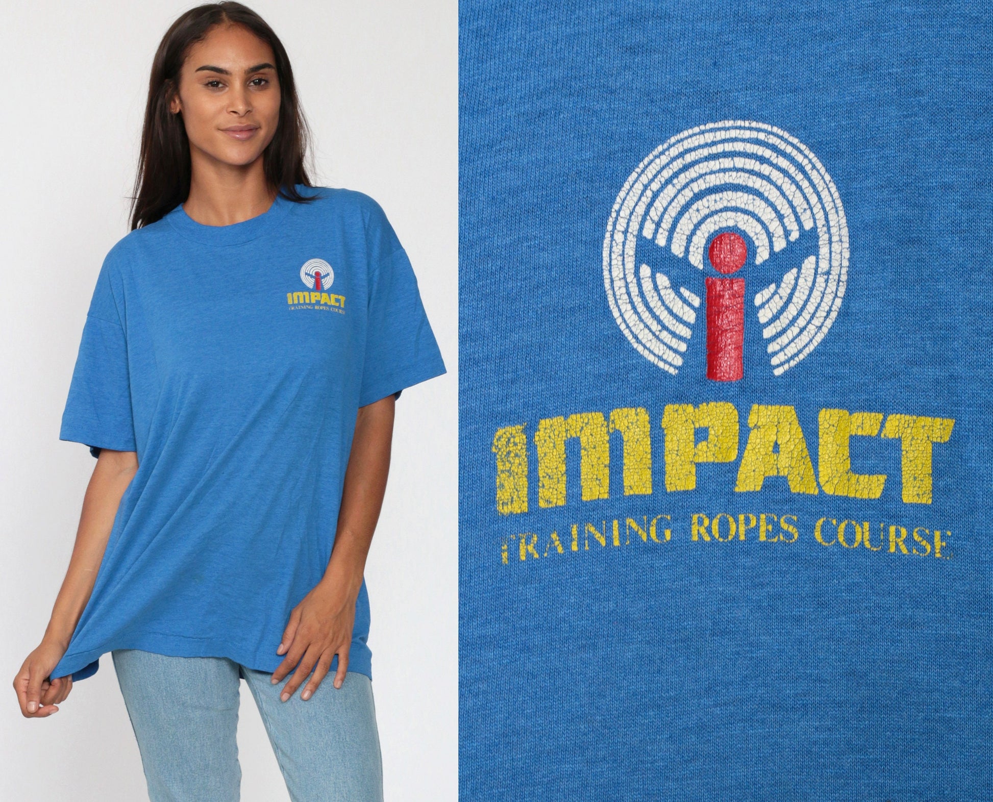 80s Impact Rope Rock Climbing Training Graphic T-Shirt Blue Extra Large