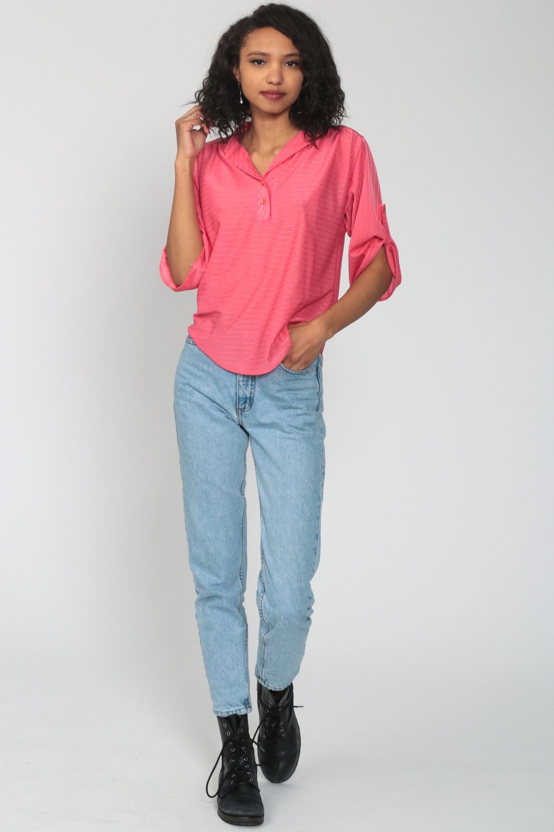 80s Pink Striped Button-Up Blouse Short Sleeve Collar Shirt Medium