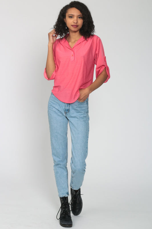80s Pink Striped Button-Up Blouse Short Sleeve Collar Shirt Medium