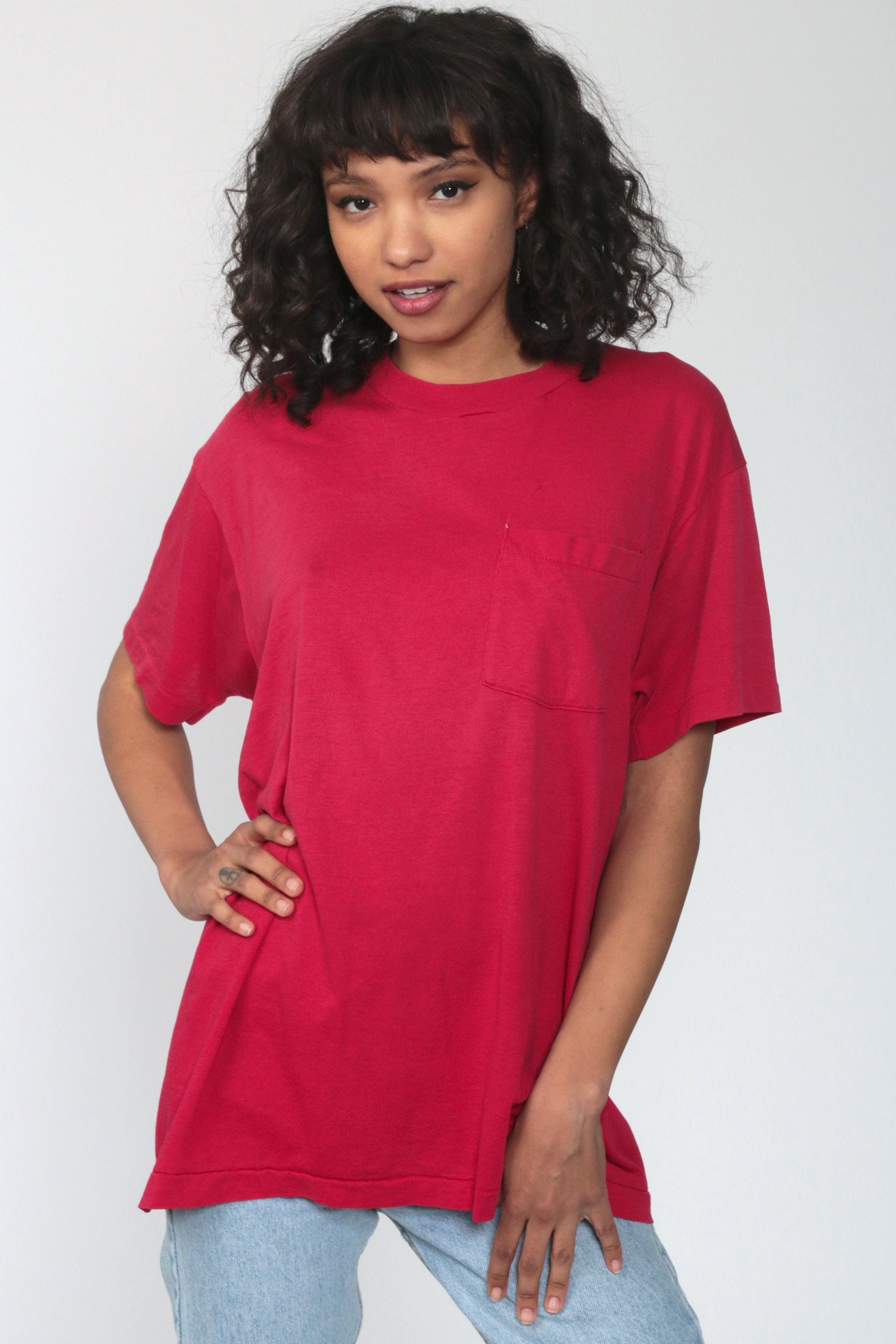 80s Deep Pink Single Stitch T-Shirt Pocket Tee Cotton Blend Large