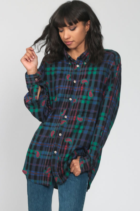 90s Plaid Paisley Button Up Shirt Blue Long Sleeve Blouse Large