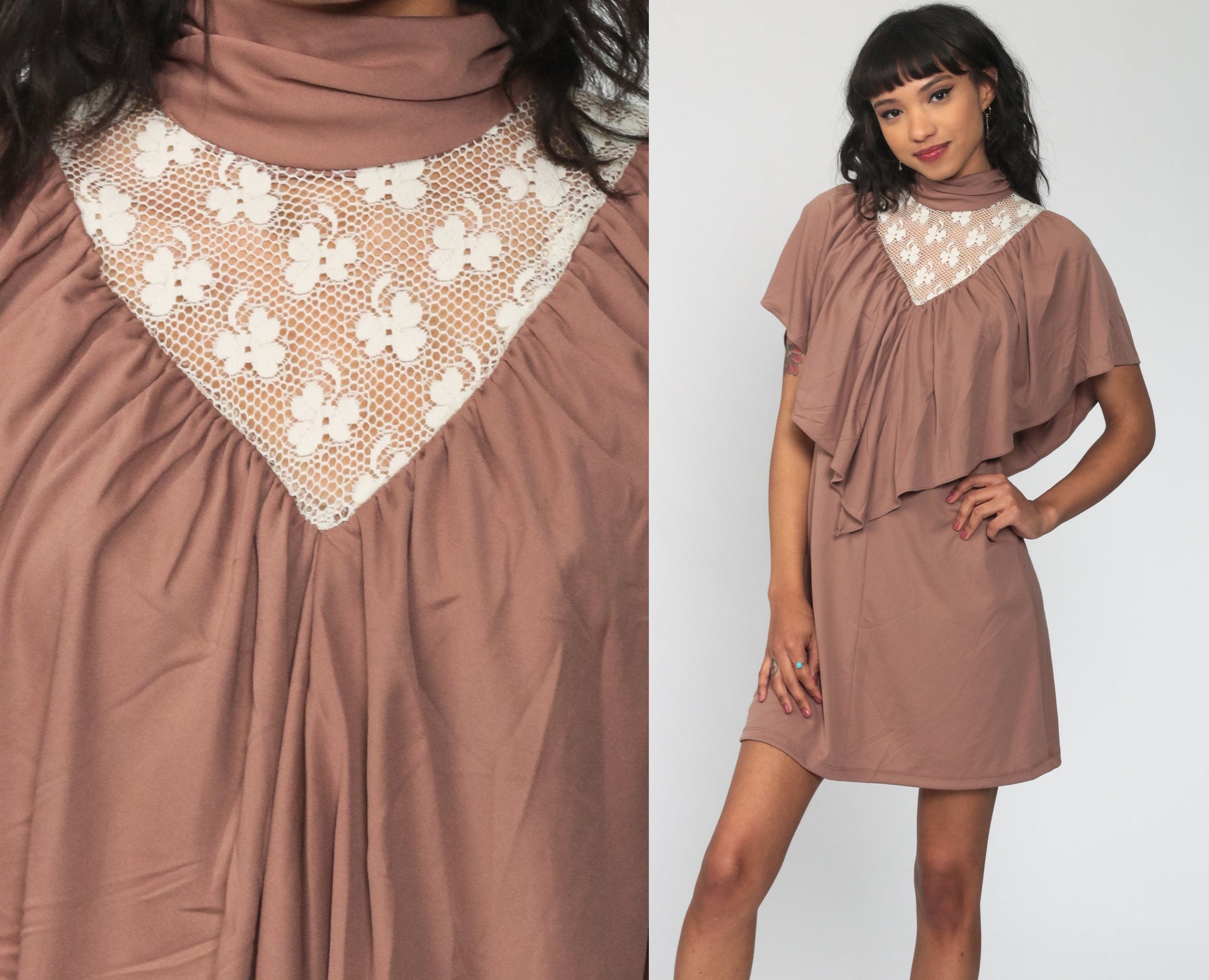 70s Lace Mini Dress with Draped Capelet Mocha High Neck Small