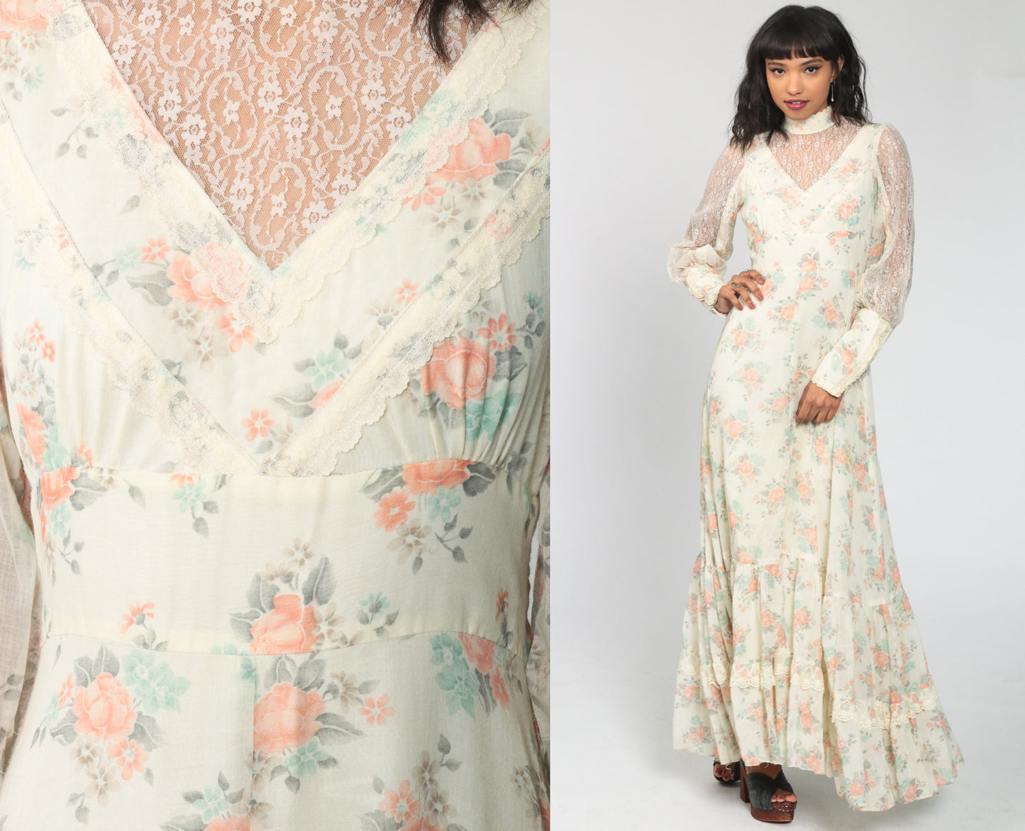 70s Gunne Sax Floral Maxi Dress Lace Sleeves Empire Waist Cream Small