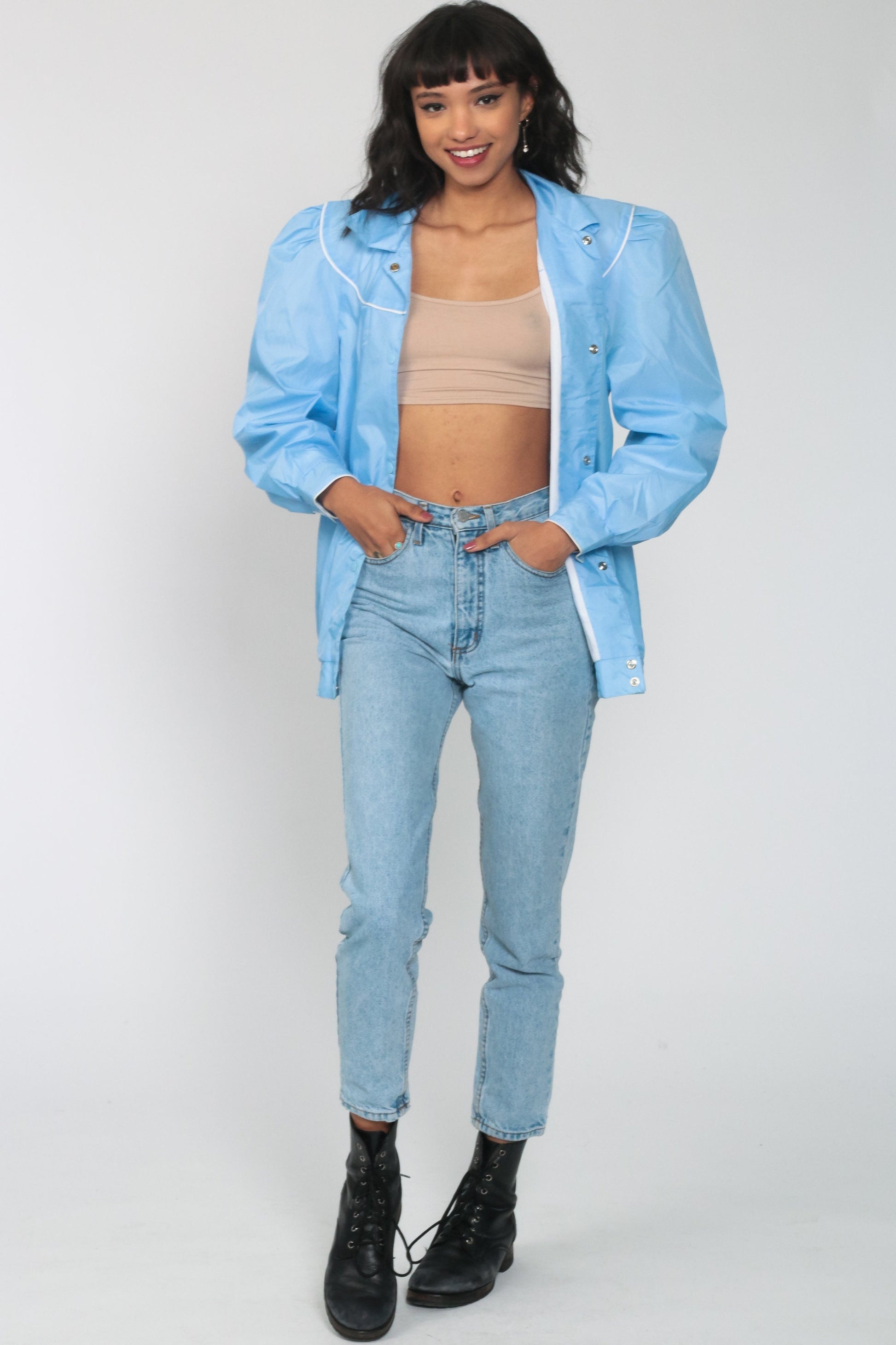 80s Blue Windbreaker Jacket Puff Sleeve Bomber Medium