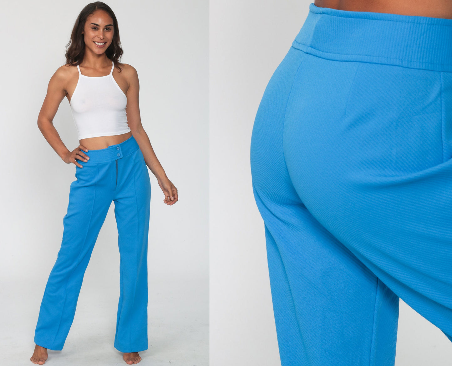 70s Blue Polyester High Waist Bell Bottom Trousers Small