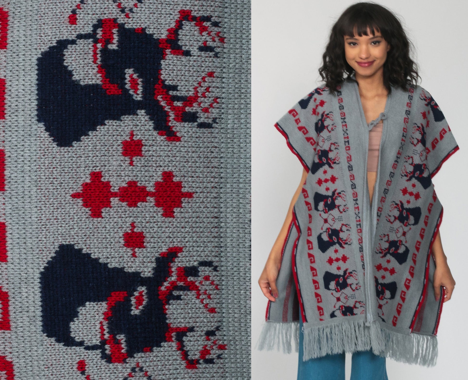 70s Deer Knit Poncho Shawl Fringe Cape Grey One Size