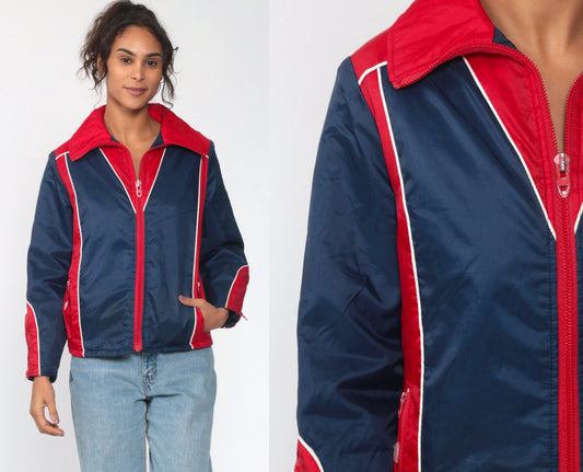 70s Puffer Ski Jacket Blue Red Striped Nylon Puffy Coat Extra Small