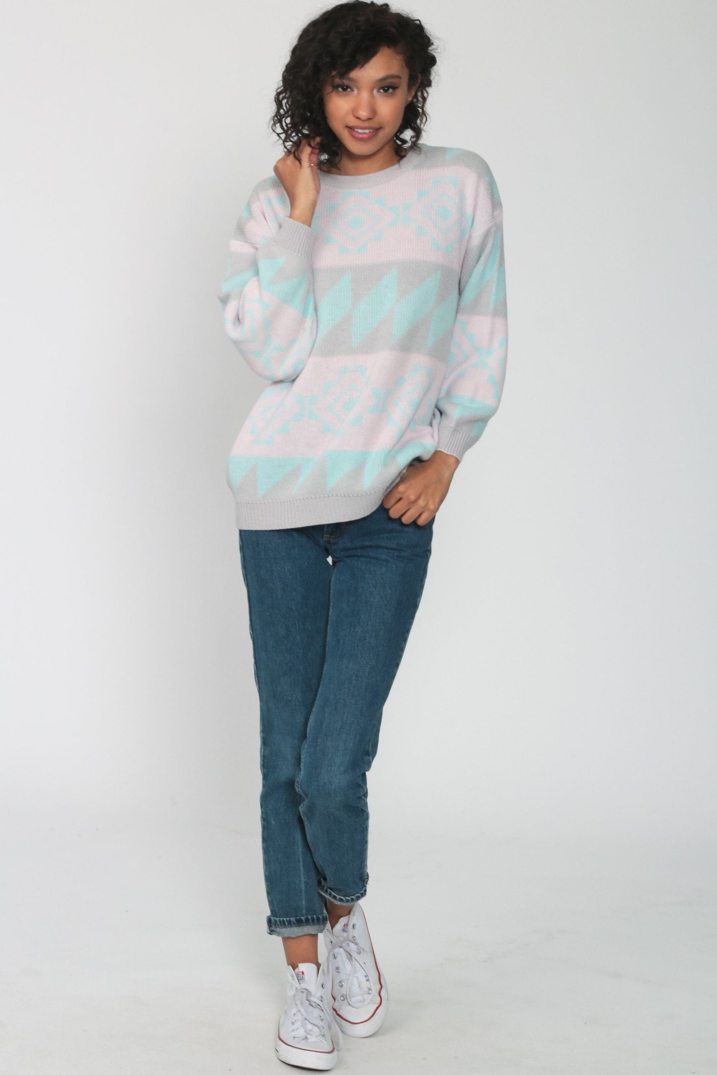 80s Southwestern Tribal Sweater Pastel Pink Geometric Knit Medium