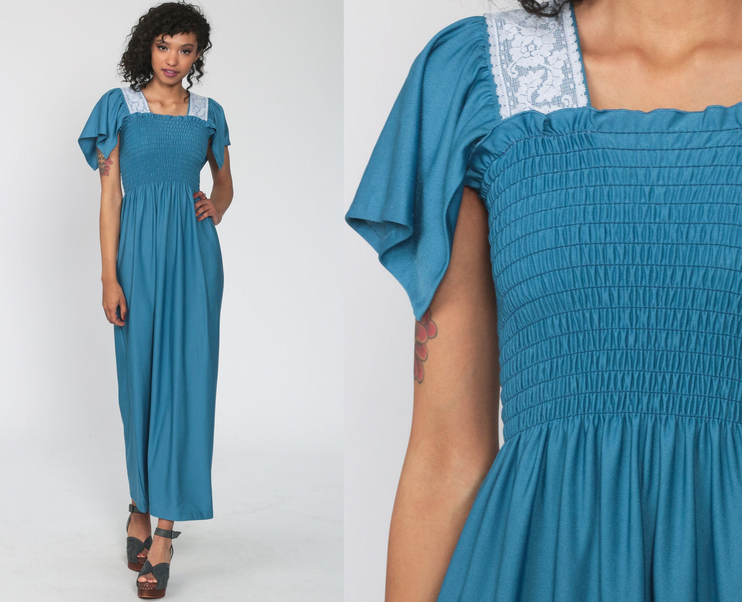 70s Blue Maxi Dress Smocked Bodice Flutter Sleeve Lace Trim Extra Small