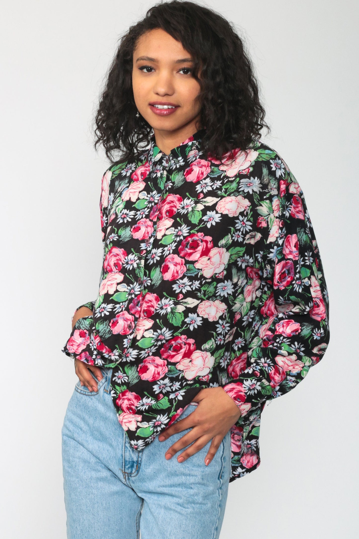 80s Floral Button Up Shirt Black Pink Print Long Sleeve Blouse Large