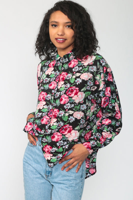 80s Floral Button Up Shirt Black Pink Print Long Sleeve Blouse Large
