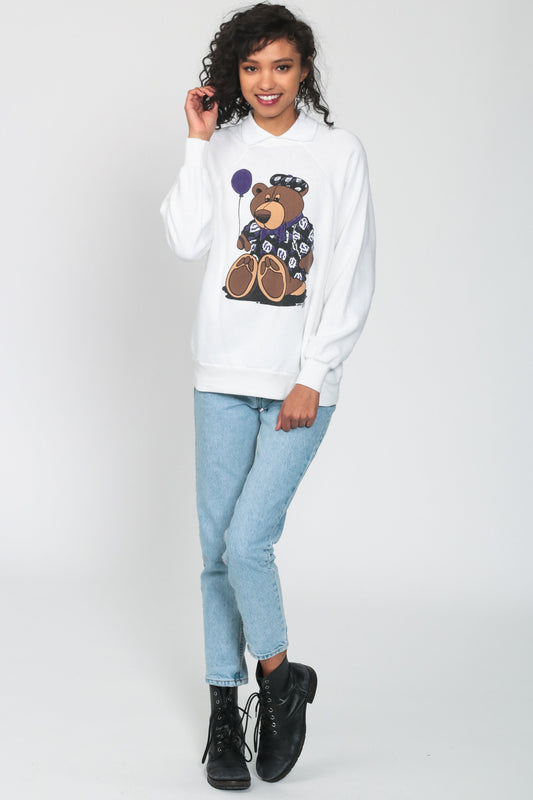 80s Teddy Bear Balloon Raglan Sweatshirt Cream Collar Graphic Medium