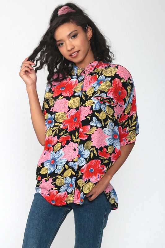 80s Floral Button Up Shirt Rayon Short Sleeve Blouse Black Red Pink Large