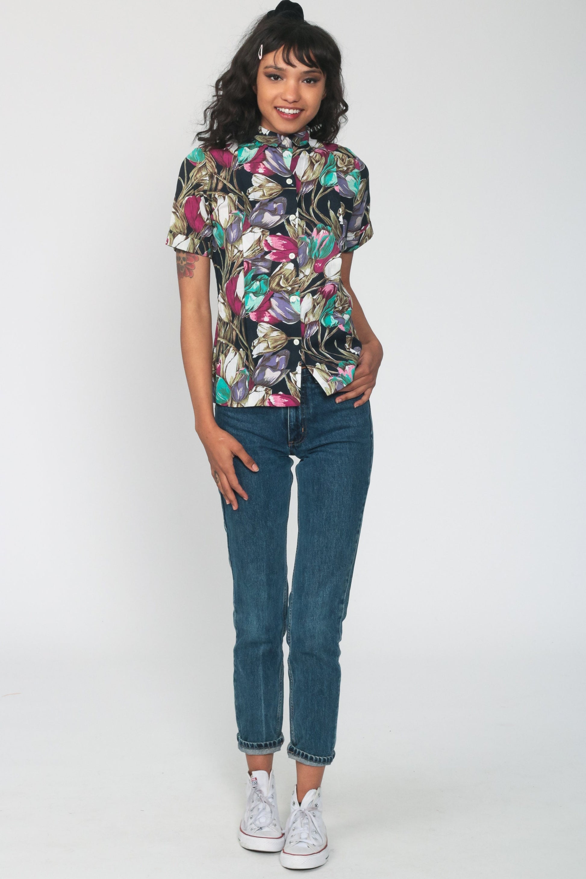 90s Floral Rayon Button-Up Shirt Short Sleeve Grey Small