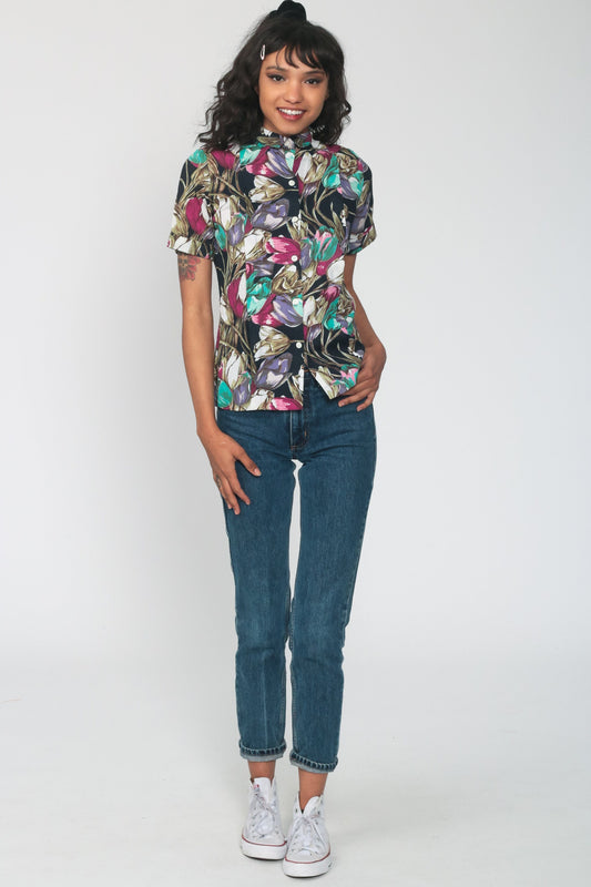 90s Floral Rayon Button-Up Shirt Short Sleeve Grey Small