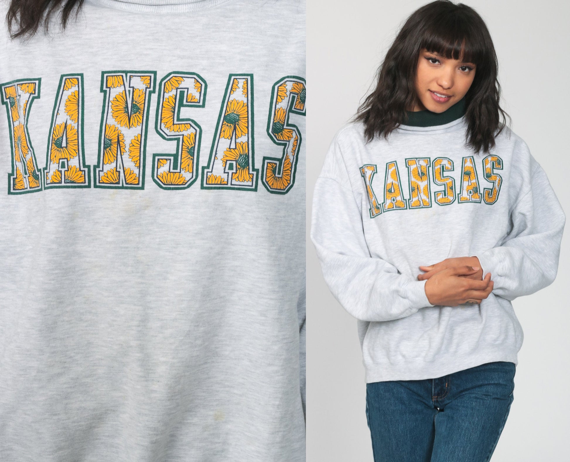 90s Kansas Sunflower Graphic Sweatshirt Grey Crewneck Large