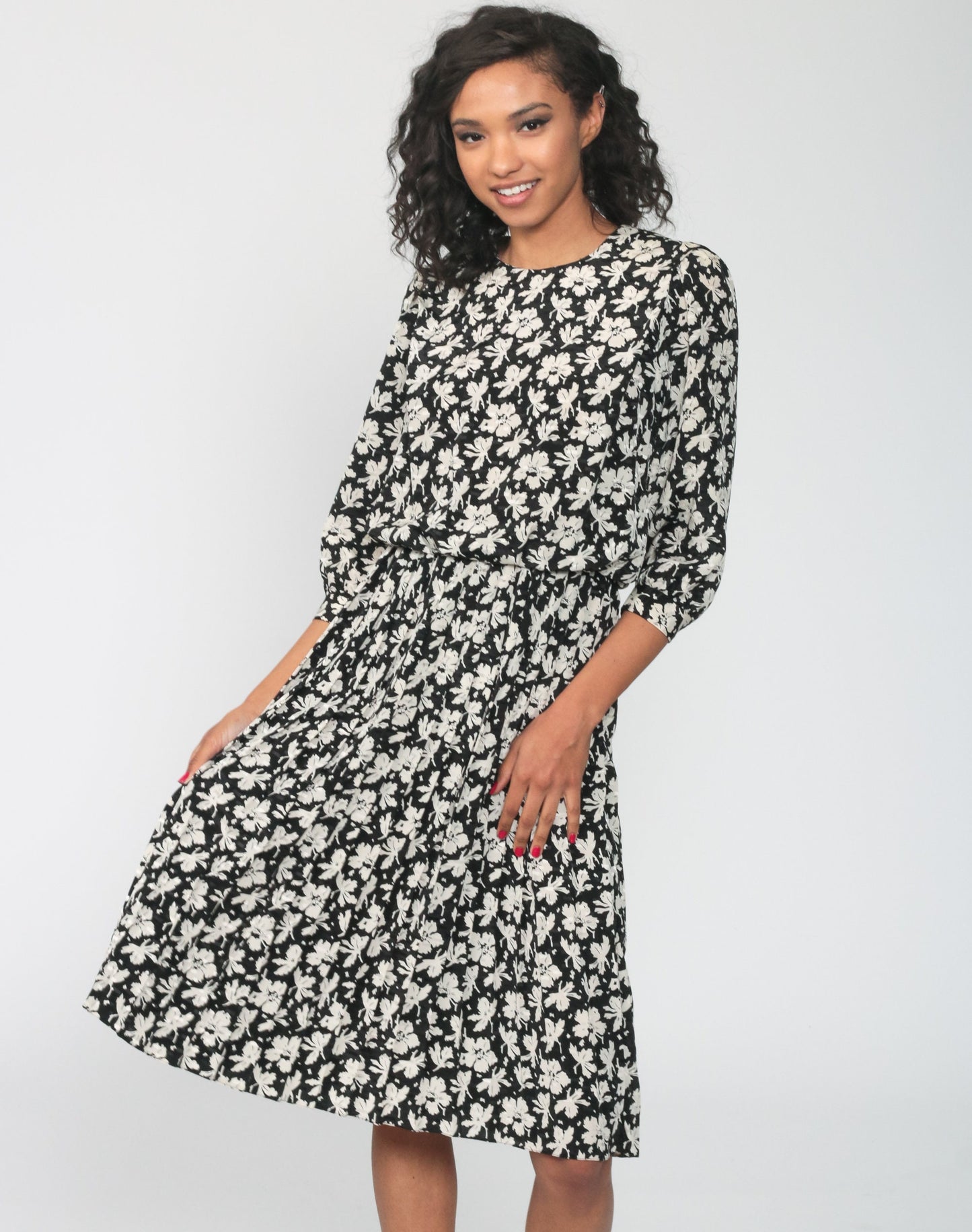 80s Black Floral Midi Dress High Waist Pleated Skirt Small 4