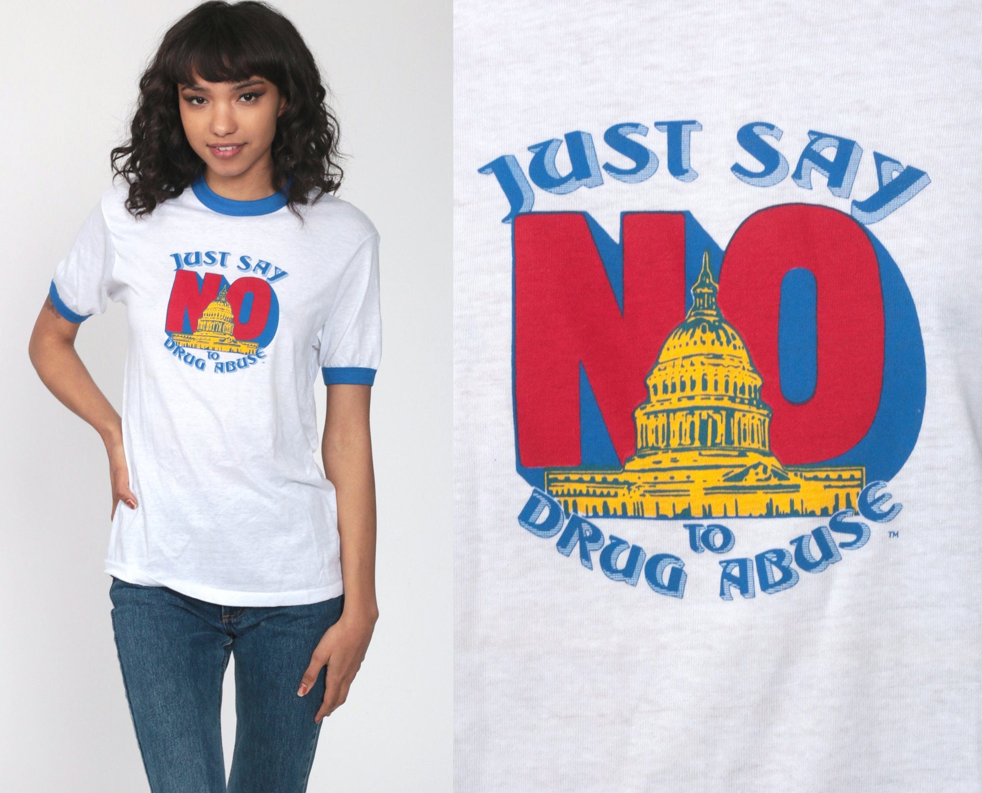 80s Say No To Drugs Ringer T-Shirt Burnout Graphic Tee Unisex Small