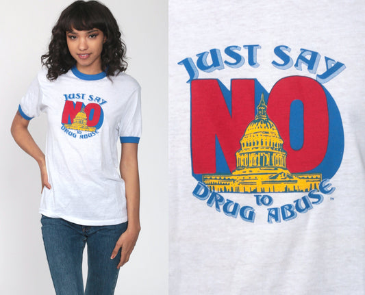 80s Say No To Drugs Ringer T-Shirt Burnout Graphic Tee Unisex Small