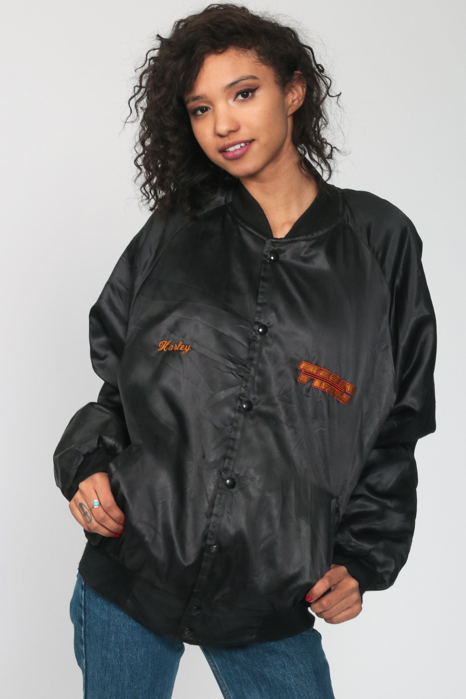 80s TMC Specialized Black Satin Bomber Jacket Snap Up Medium Large