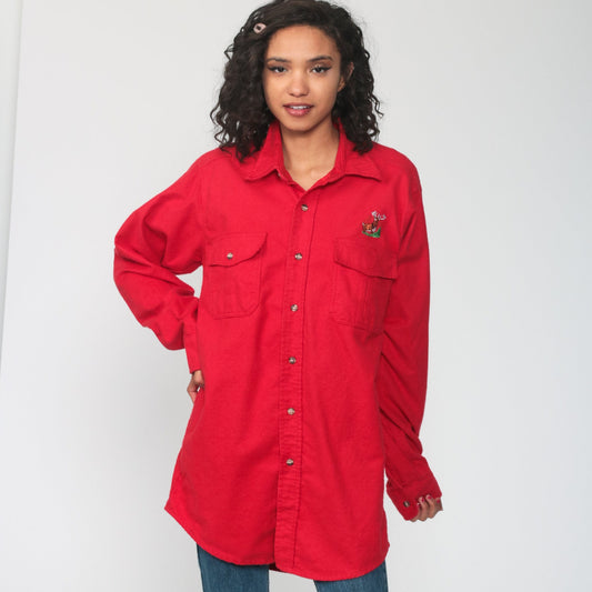 90s Scheels Sports Outfitters Deer Graphic Button-Up Shirt Red Cotton Large Tall