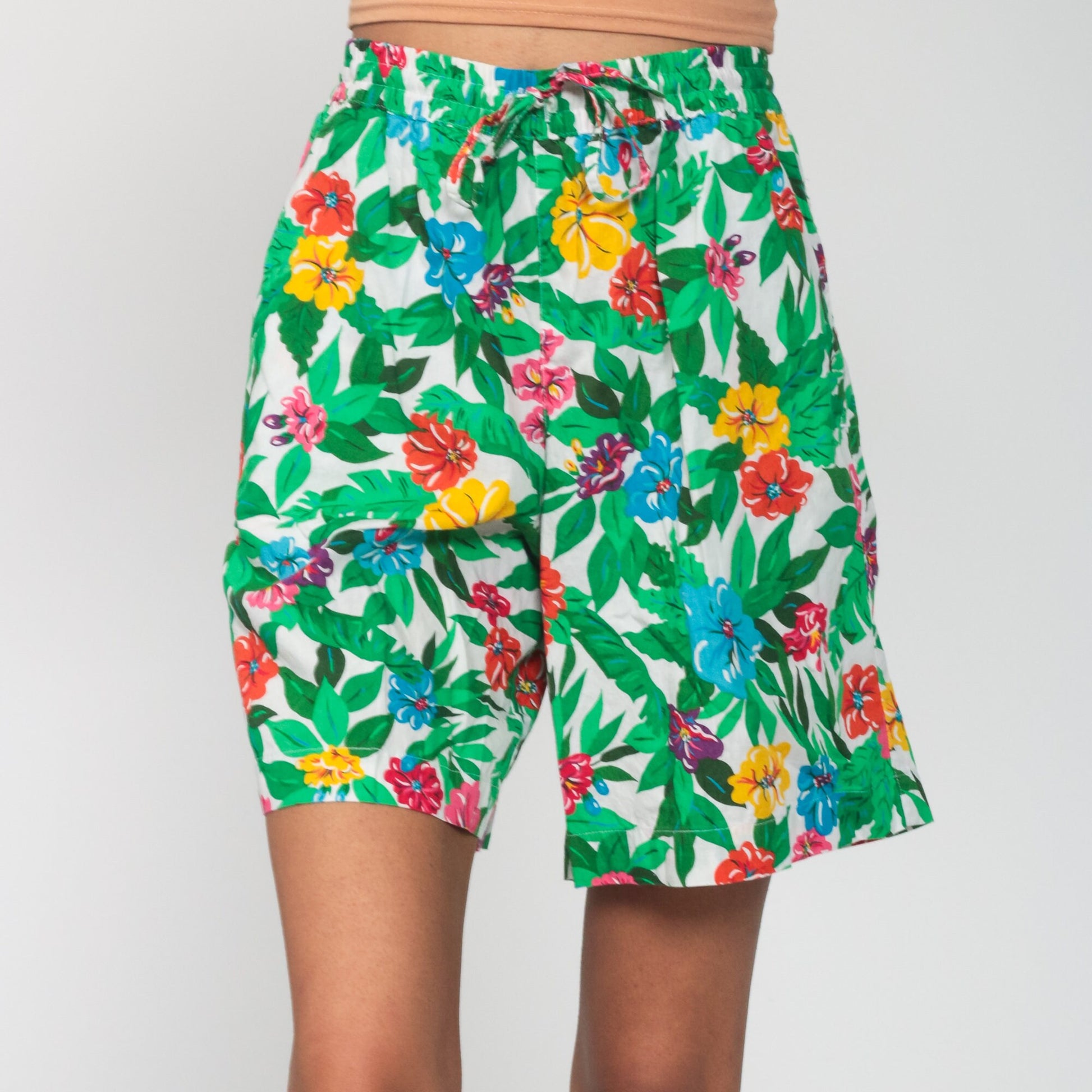 90s Liz Sport Tropical Floral High-Waist Shorts Green Small