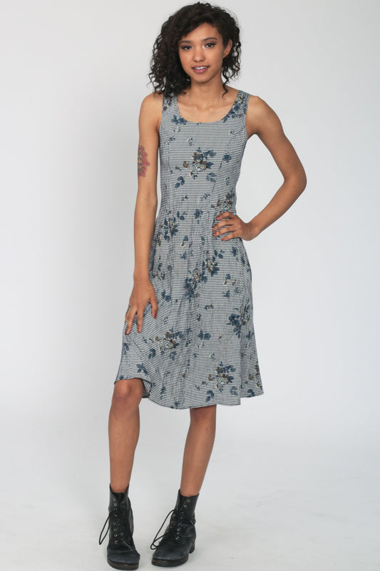90s Gingham Floral Rayon Midi Dress Sleeveless Sheath Blue Extra Small