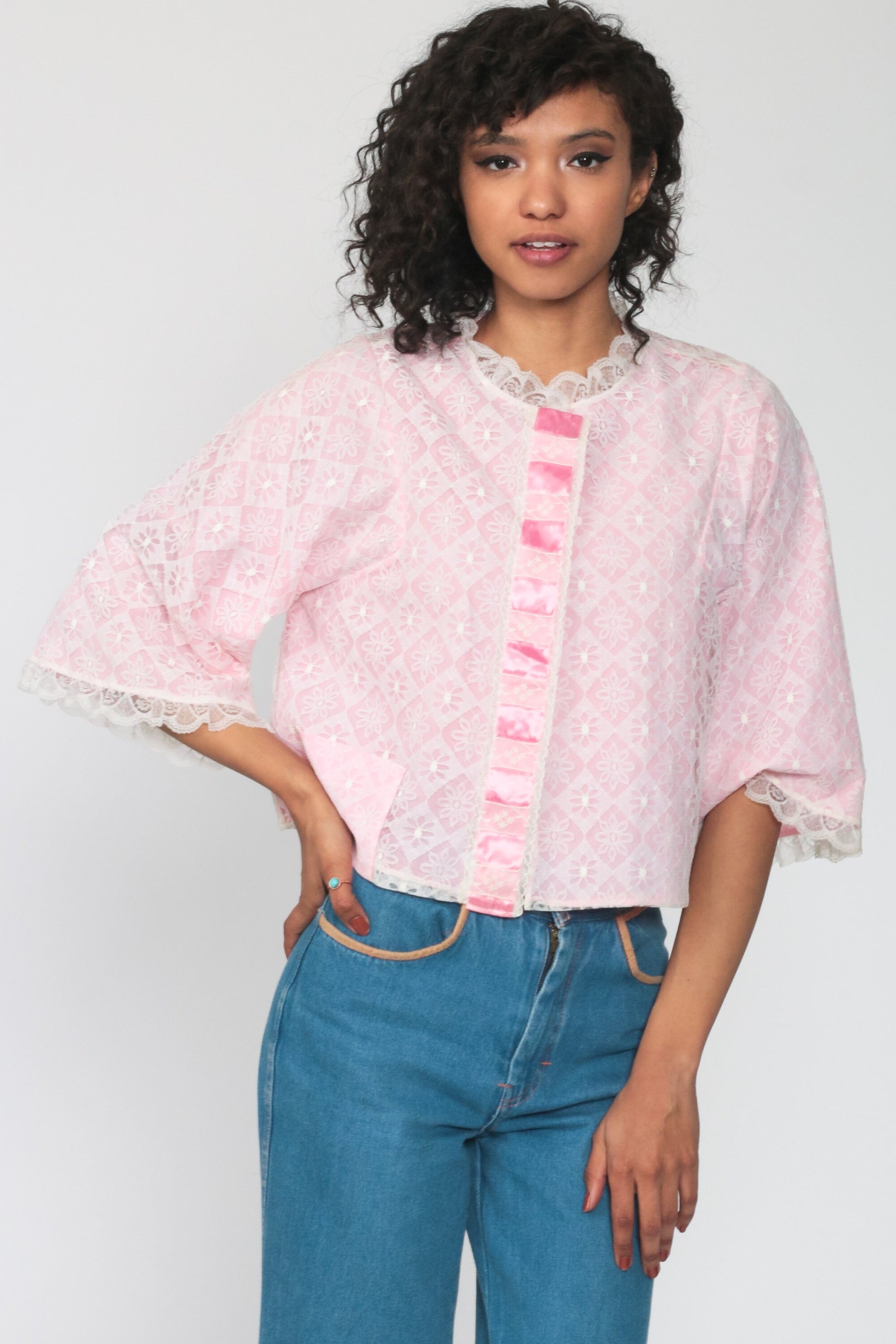 70s Baby Pink Lace Lingerie Pajama Top Button-Up Sleep Shirt Small