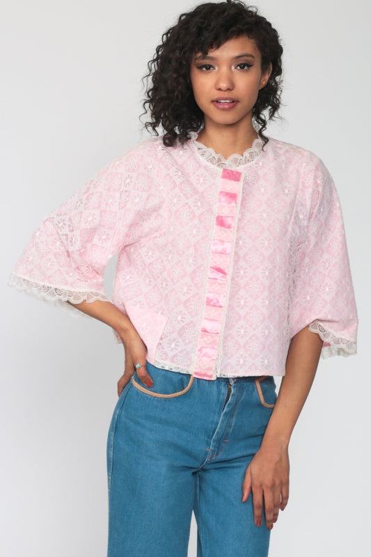 70s Baby Pink Lace Lingerie Pajama Top Button-Up Sleep Shirt Small