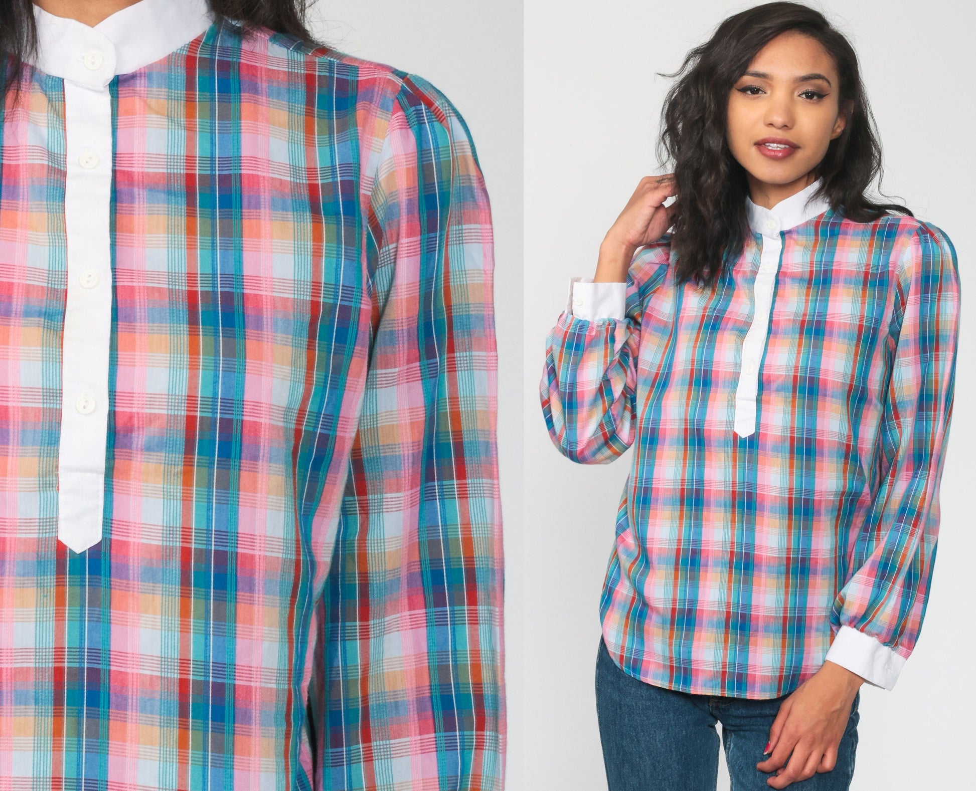 80s Plaid Button-Up Blouse Multicolor Long Sleeve Shirt Medium Large