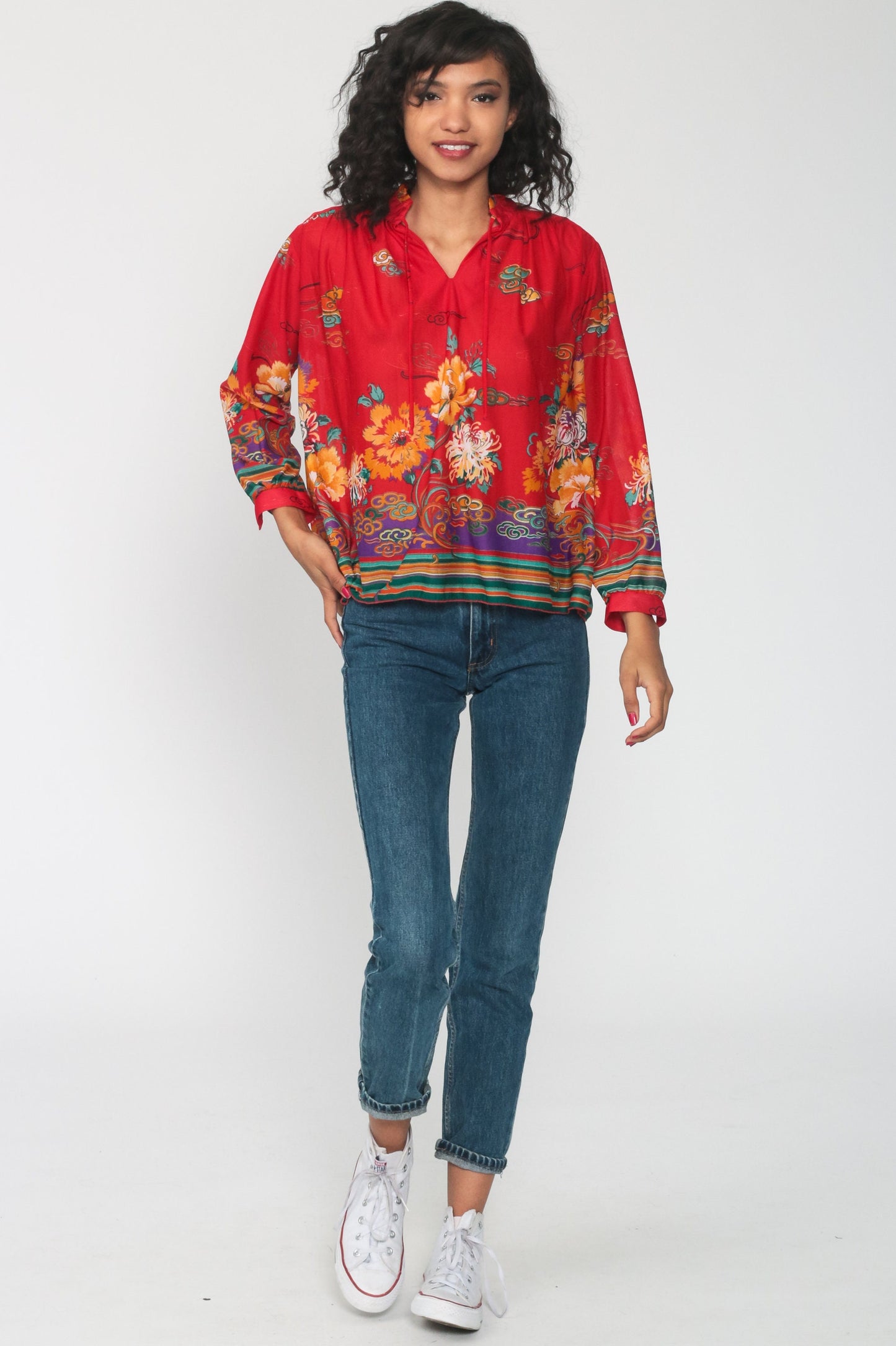 70s Red Floral Print Long Sleeve Blouse Tunic Medium Large