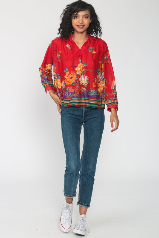 70s Red Floral Print Long Sleeve Blouse Tunic Medium Large