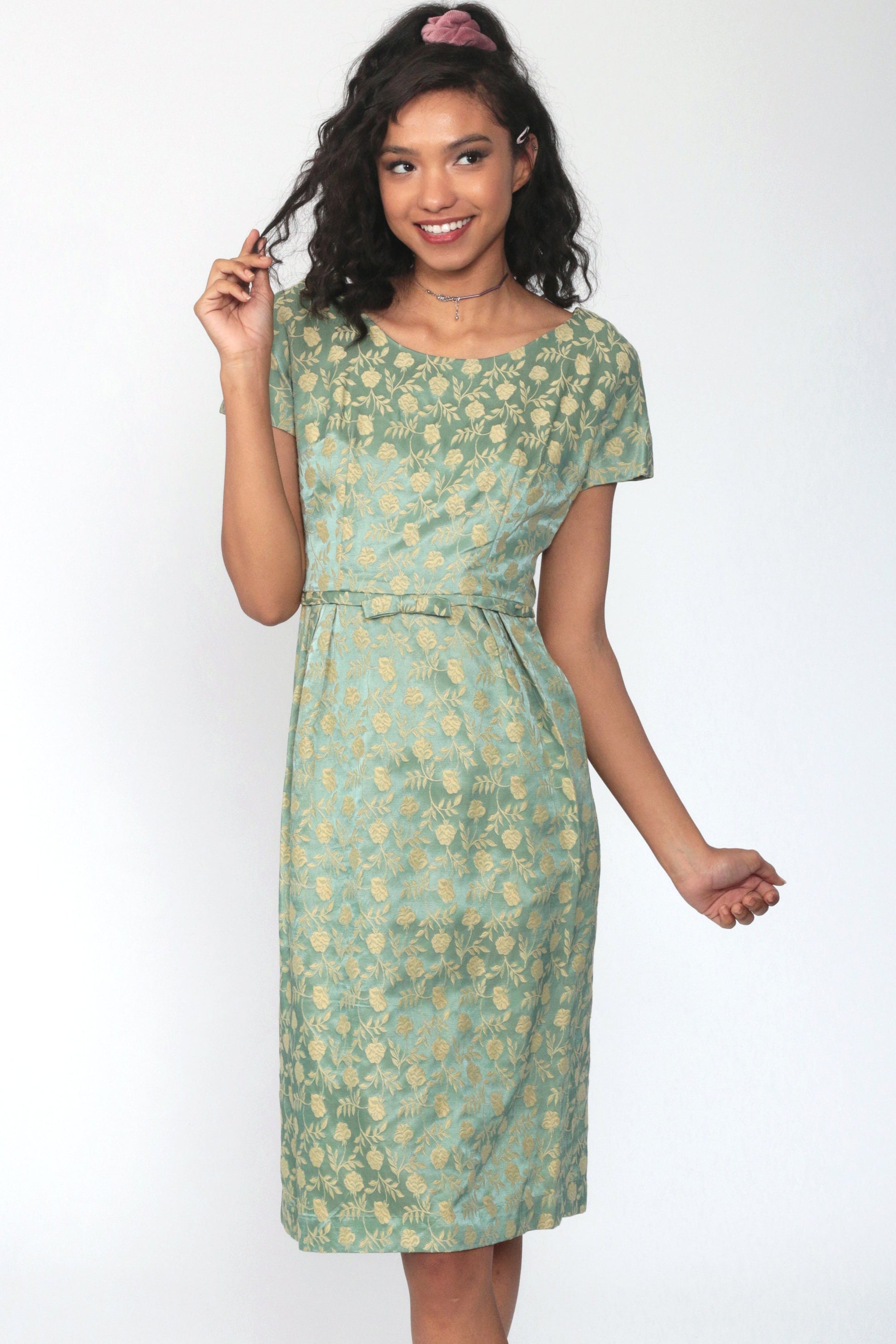 60s Leslie Fay Green Floral Brocade Dress Knee-Length Sheath Extra Small