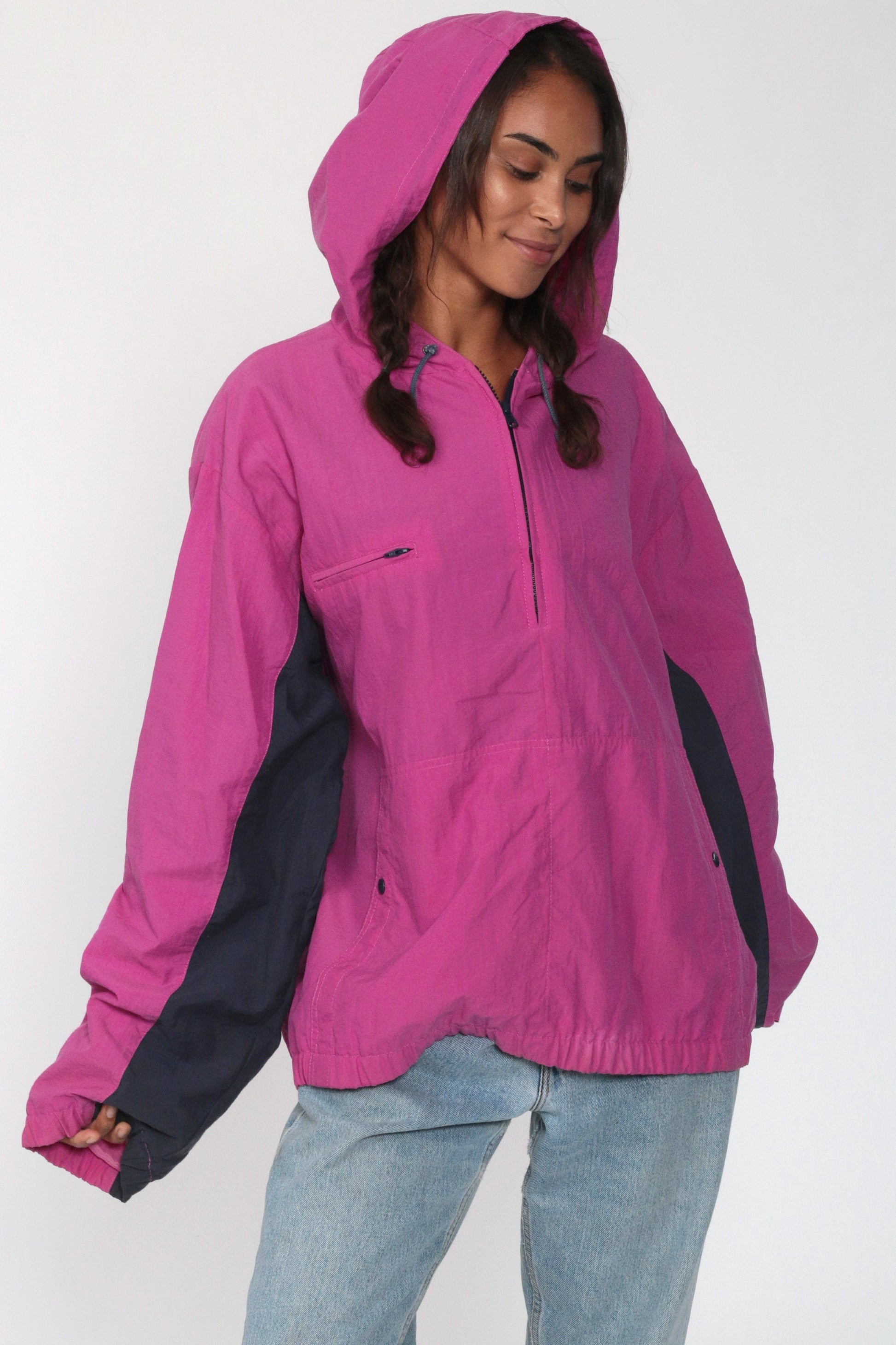 90s Izod Hooded Windbreaker Magenta Half-Zip Pullover Jacket Extra Large