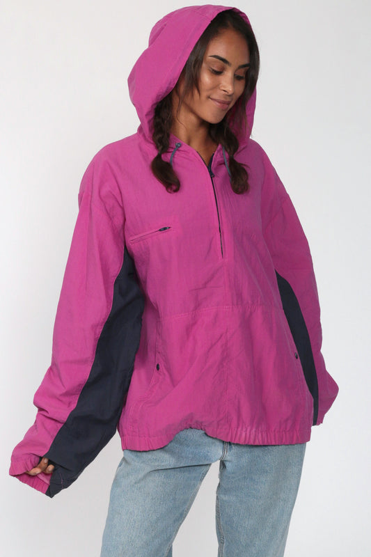 90s Izod Hooded Windbreaker Magenta Half-Zip Pullover Jacket Extra Large