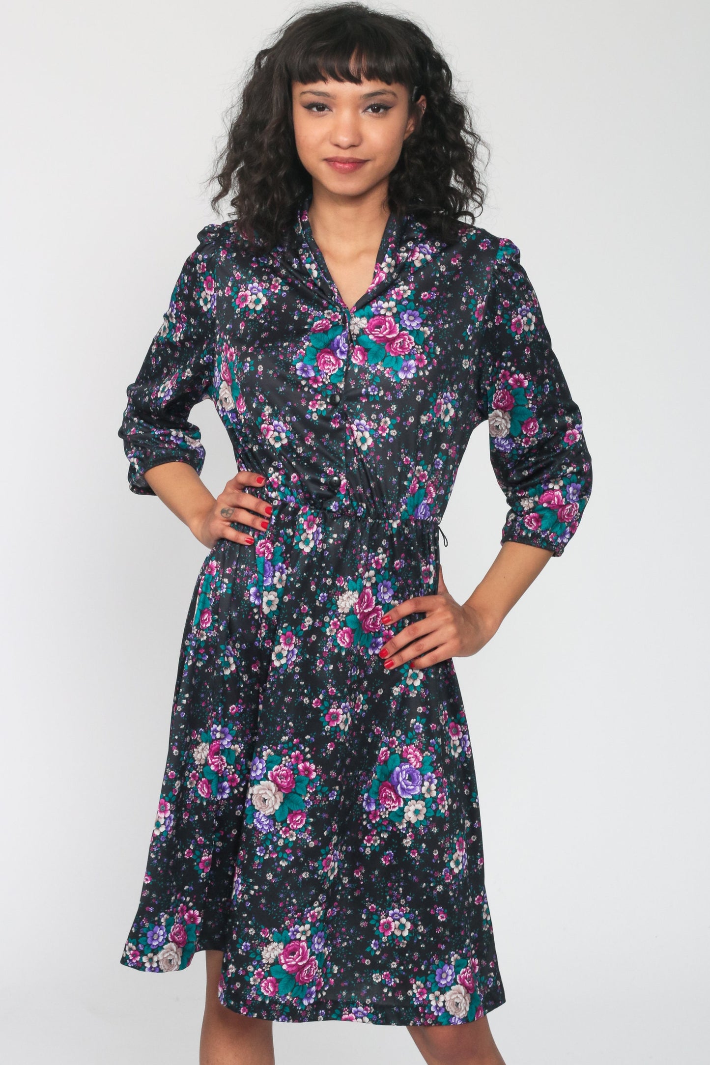 70s Floral Midi Dress High Waist Button Up Long Sleeve Black Purple Medium