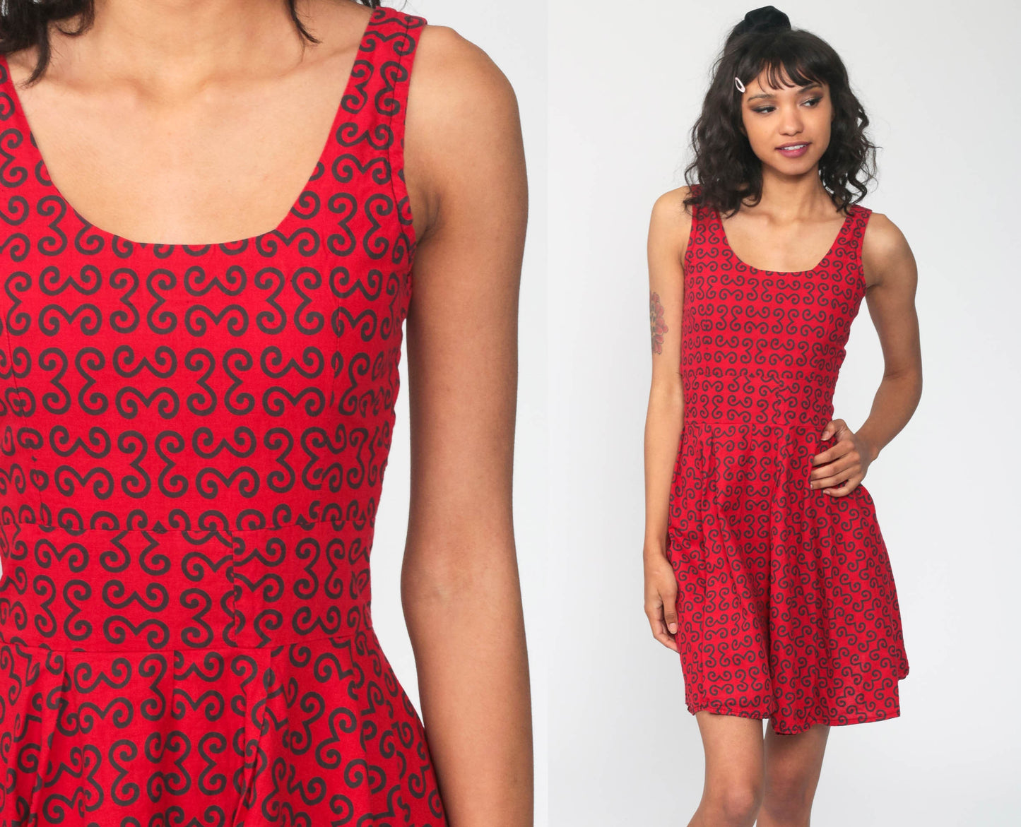 90s Babydoll Dress Red Geometric Mini High Waist Sleeveless Extra Small