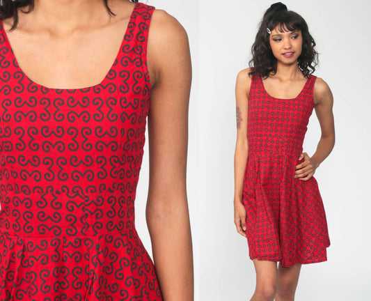 90s Babydoll Dress Red Geometric Mini High Waist Sleeveless Extra Small