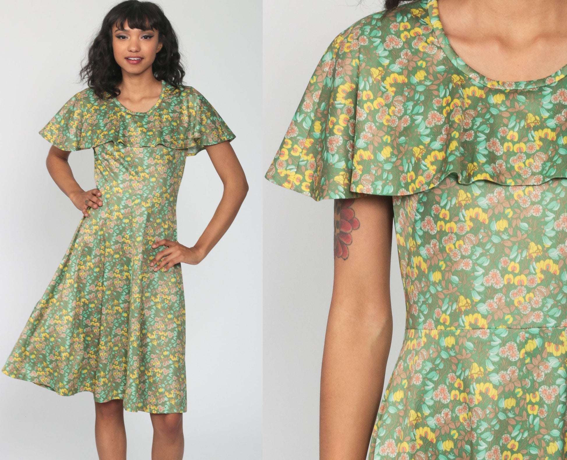 70s Green Floral Midi Dress Capelet High Waist Sleeveless Small