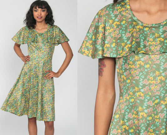 70s Green Floral Midi Dress Capelet High Waist Sleeveless Small