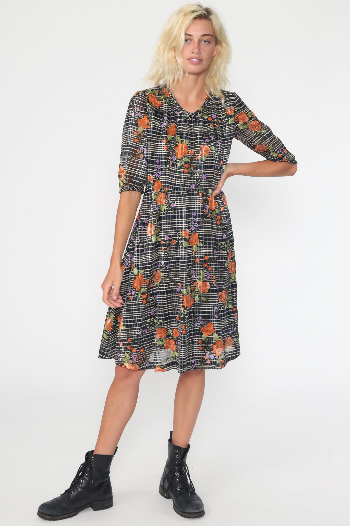 70s Floral Checkered Midi Dress High Waist Short Sleeve Black White Orange Small